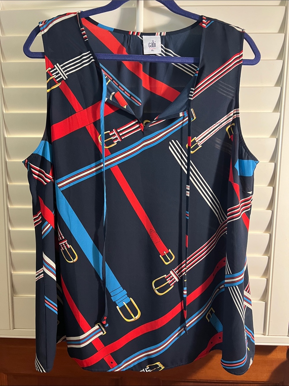 CAbi Navy Sleeveless Belt-Print Tie-Neck Top